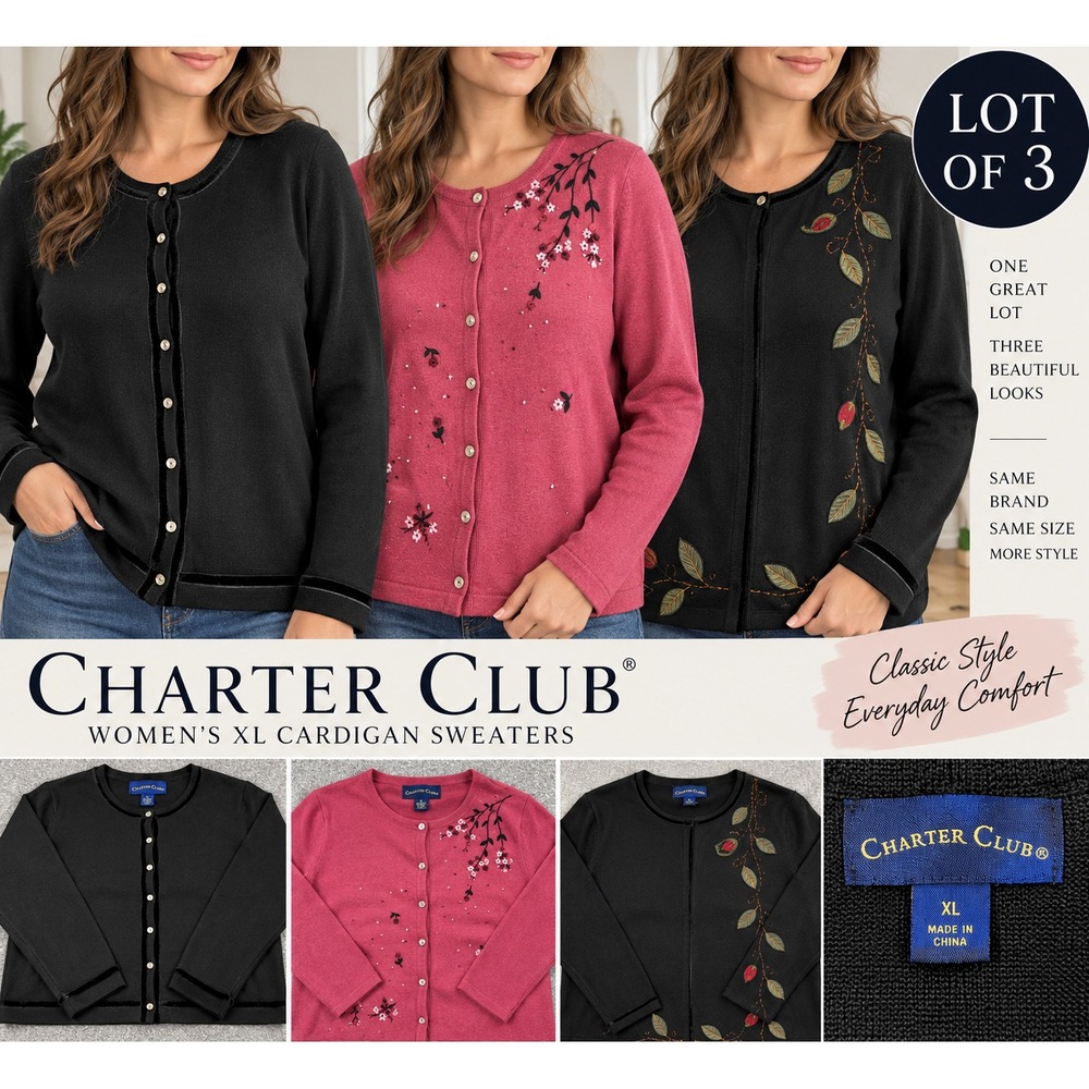 Charter Club Cardigan Sweater Lot 3 Womens XL Floral Embroidered Black Pink Knit